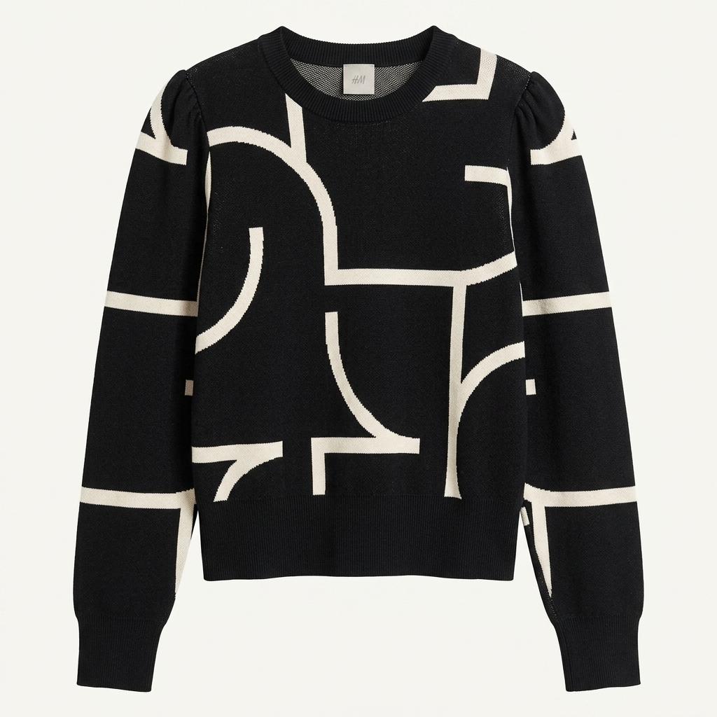 H&M 그래픽 패턴 라운드 니트 스웨터 블랙 1