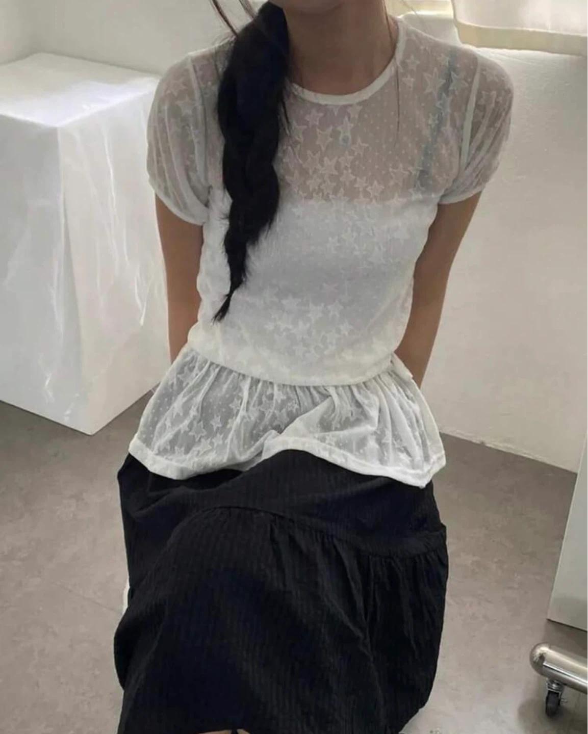 화이트 별 패턴 시스루 반팔 블라우스 3