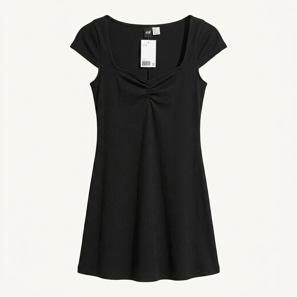 H&M 스퀘어넥 셔링 반팔 미니 원피스 블랙 1