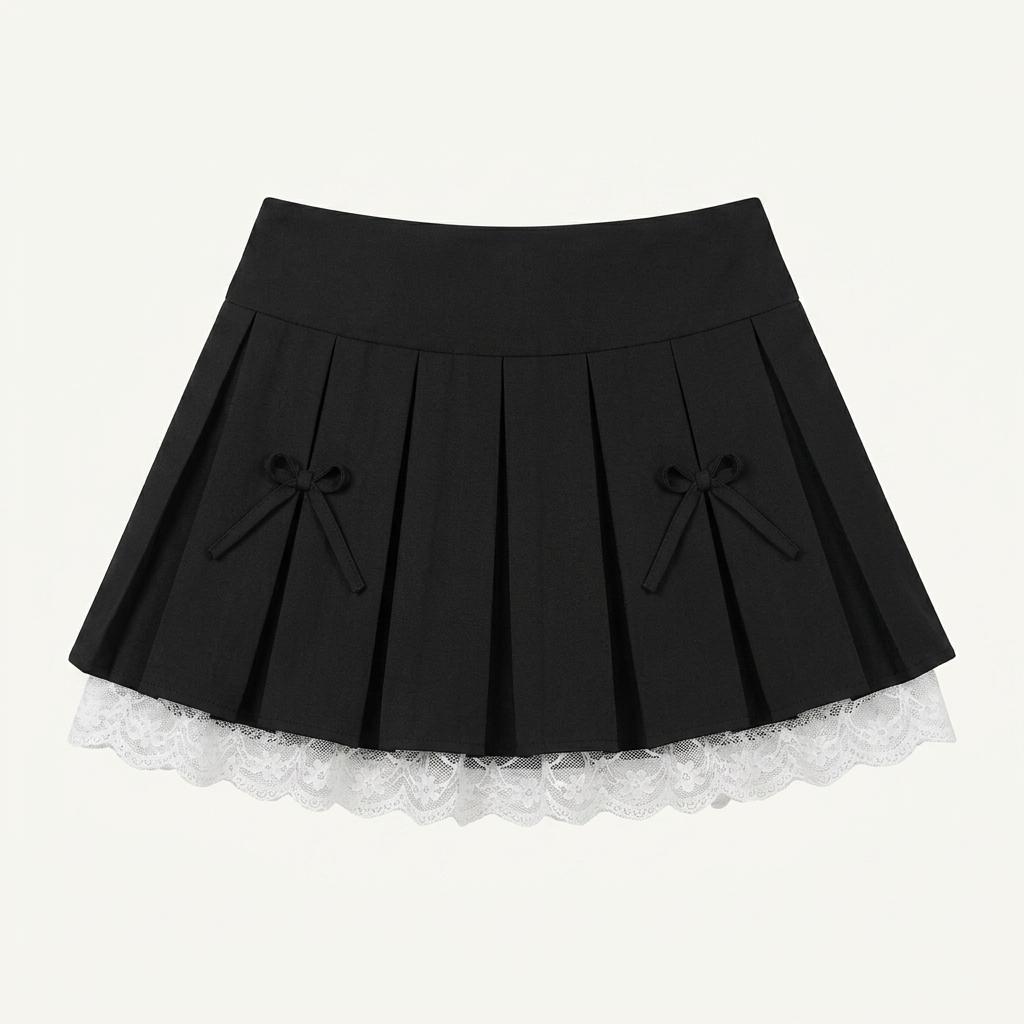 레이스 레이어드 리본 플리츠 미니스커트 블랙 1
