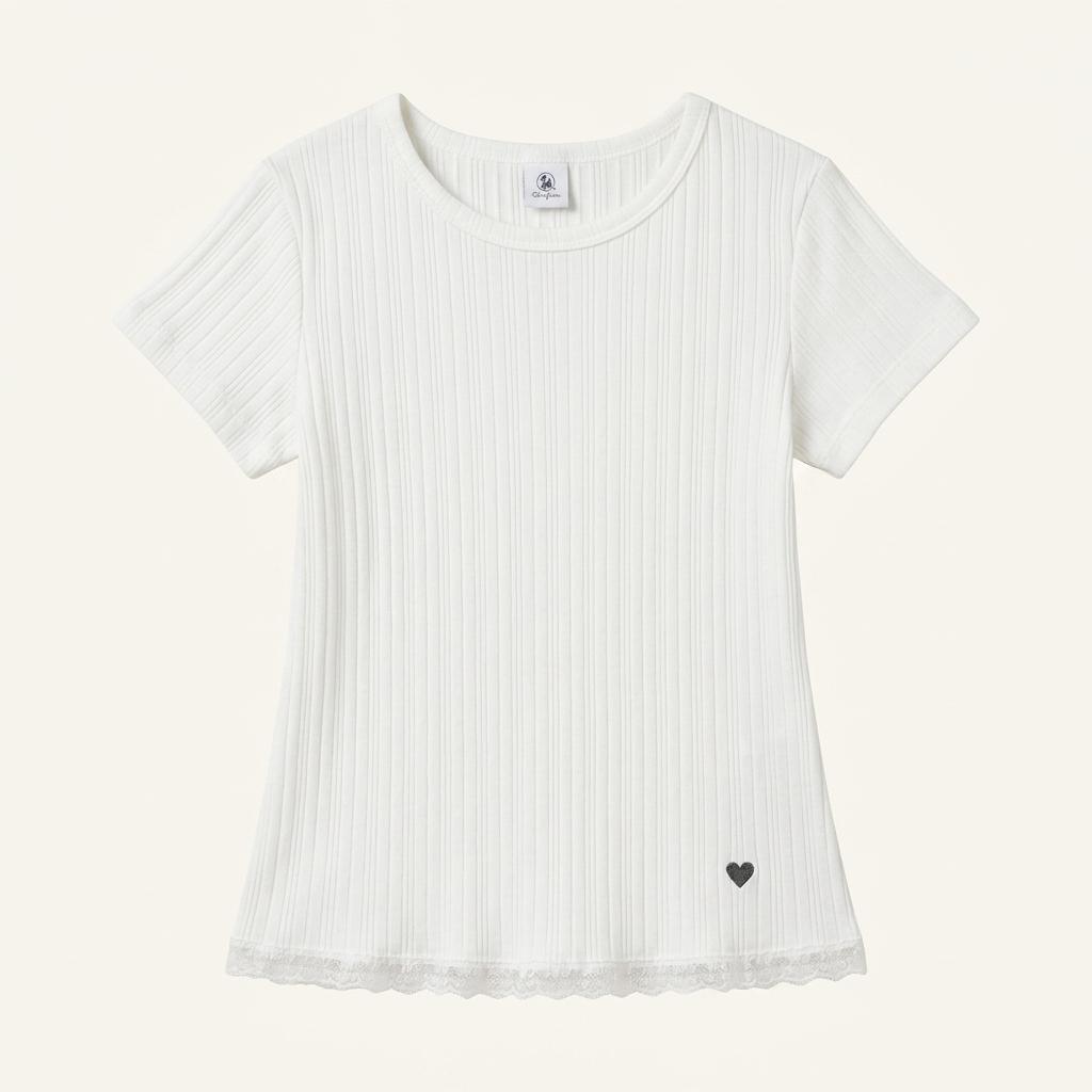 LACE FRILL SLIM CROP PLEATS T SHIRT WHITE 1
