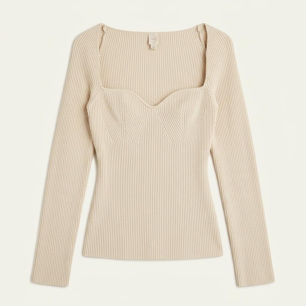 H&M 스퀘어 하트넥 골지 긴팔 니트 베이지 1