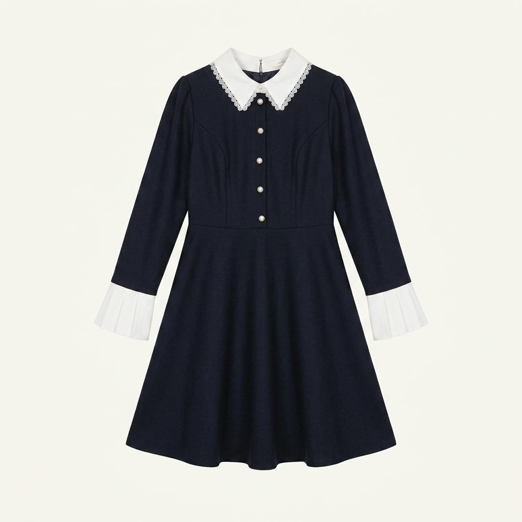 시크라인I 레이스 칼라 진주 버튼 네이비 원피스 1