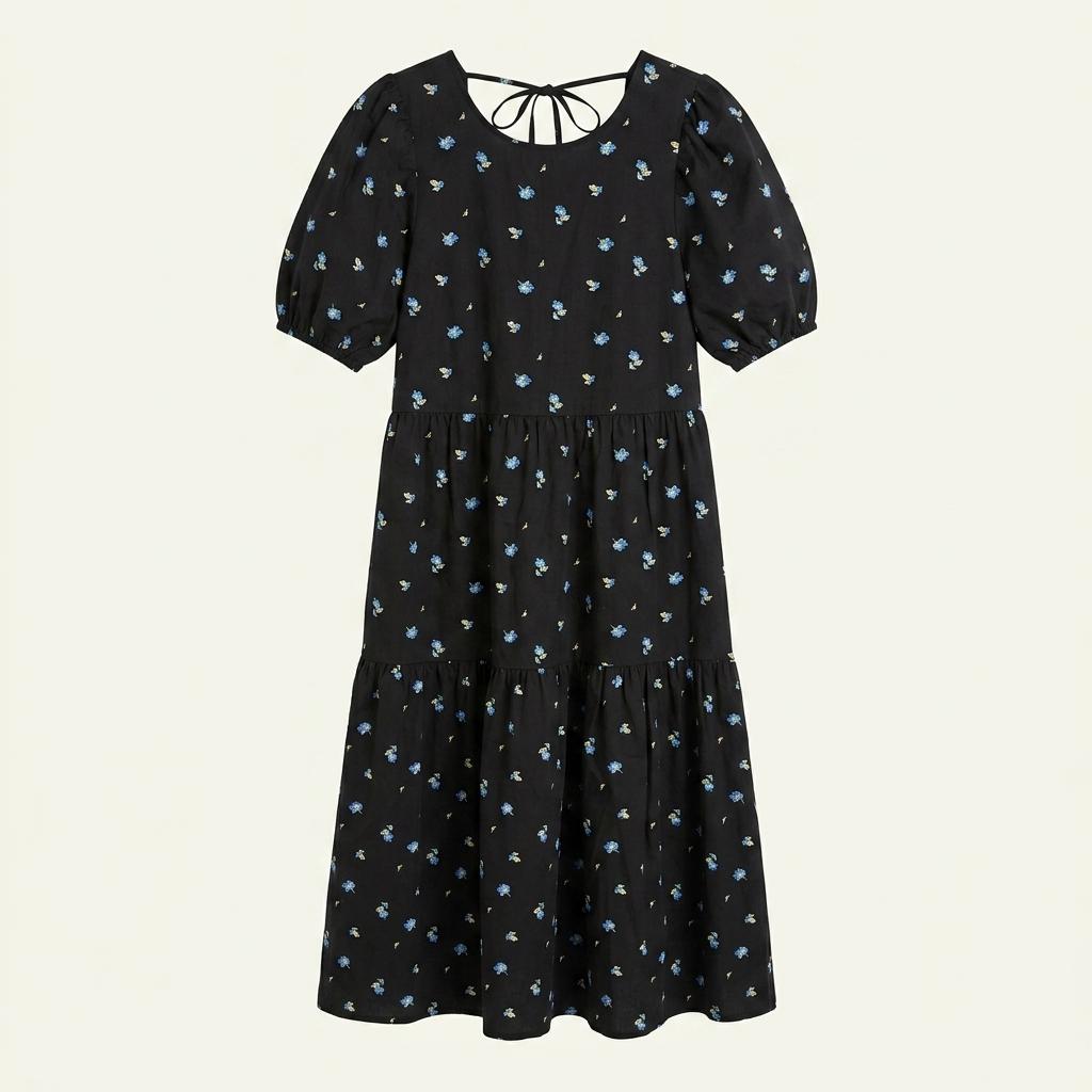 H&M 플라워 패턴 티어드 롱 원피스 블랙 1