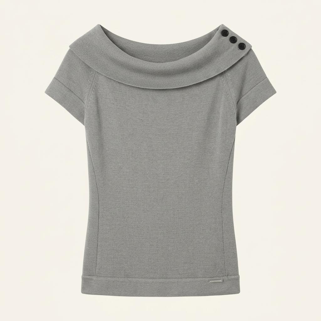 Button boat neck knit top GREY 1