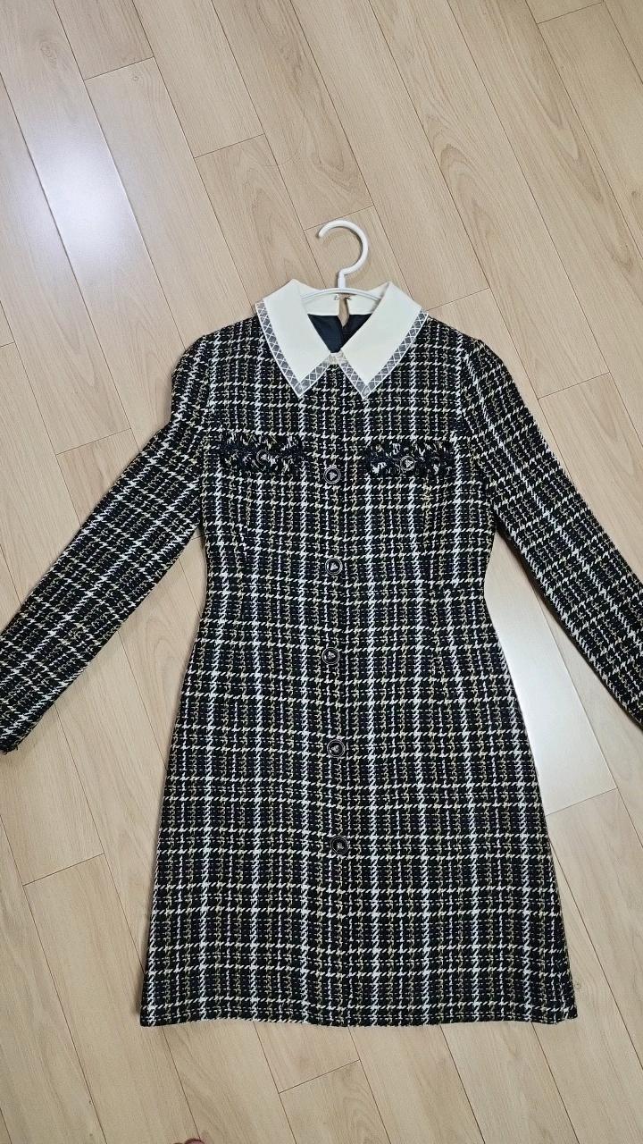 라인 칼라 배색 트위드 미니 원피스 5