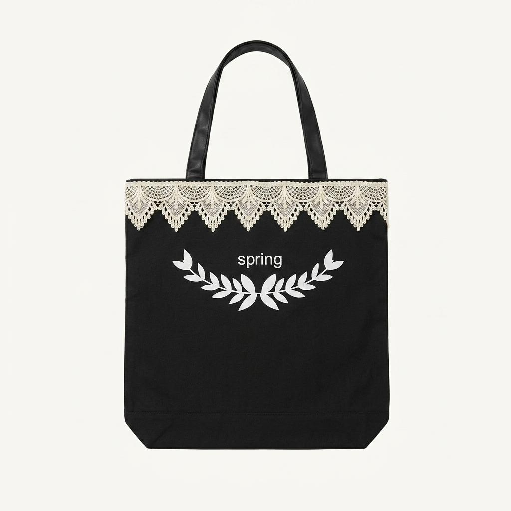 [spring] 레이스 디테일 캔버스 에코백 블랙 1