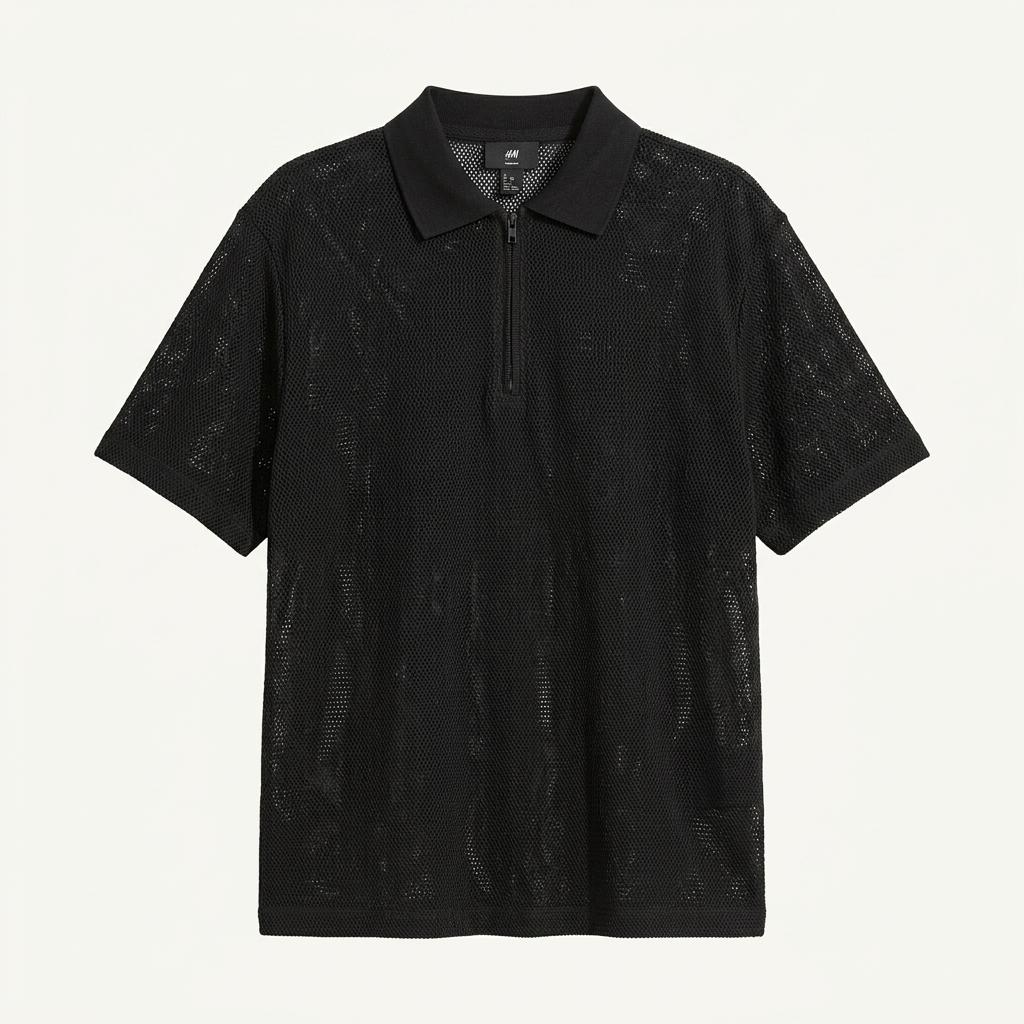 H&M 에이치엔엠 메쉬 하프 집업 반팔 카라 티셔츠 블랙 1