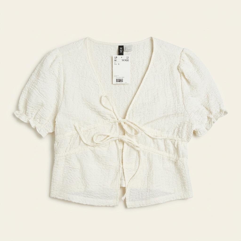 H&M 화이트 시어링 텍스처 리본 블라우스 1