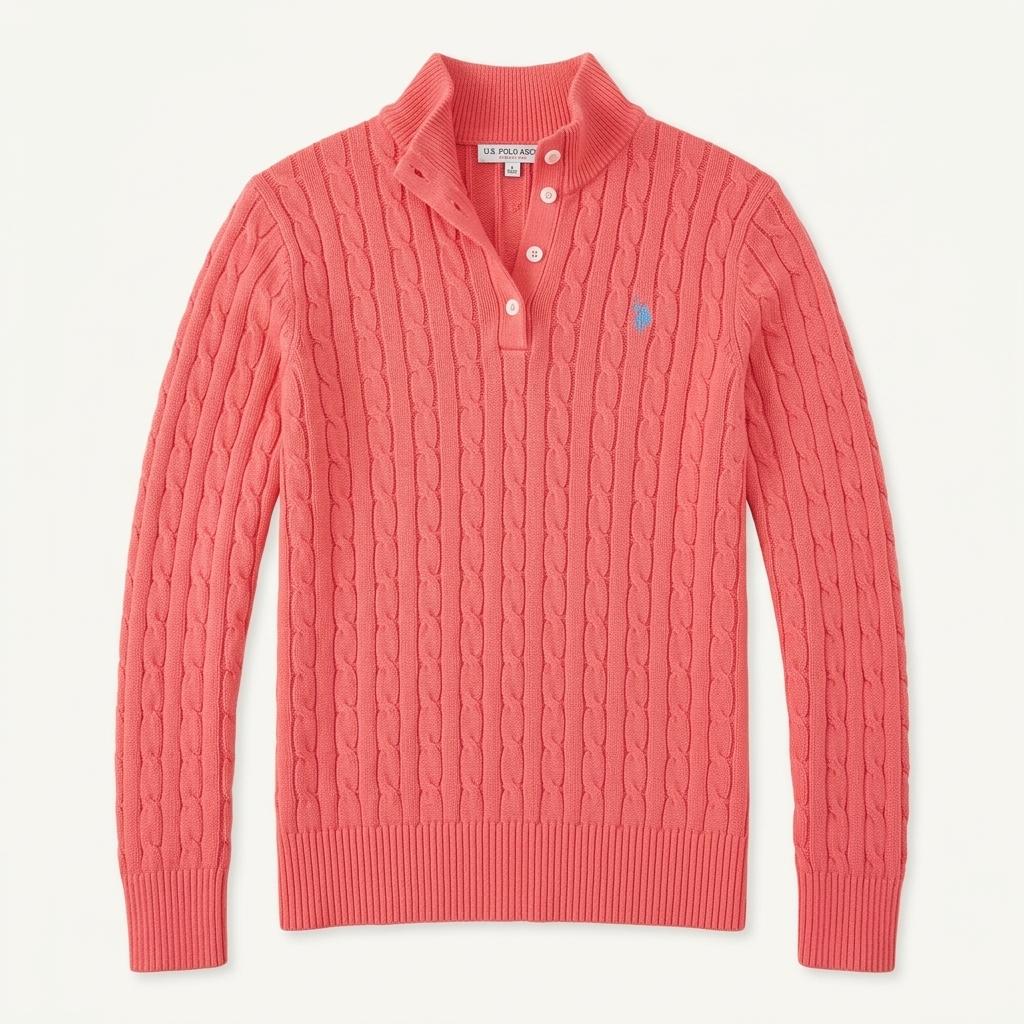 U.S. POLO ASSN. 케이블 하프 버튼 니트 스웨터 코랄 1