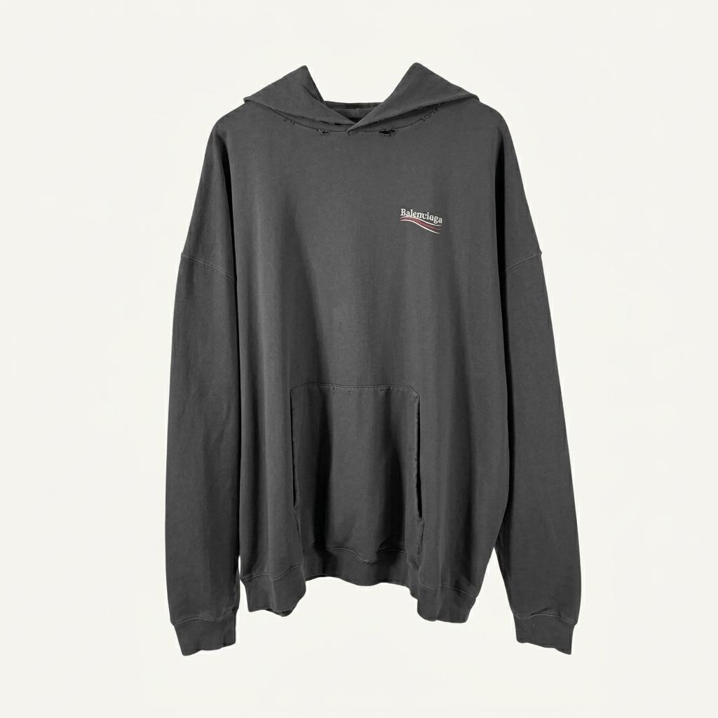 [XS] 발렌시아가 디스트로이드 폴리티컬 라지핏 후드 티셔츠 그레이 1