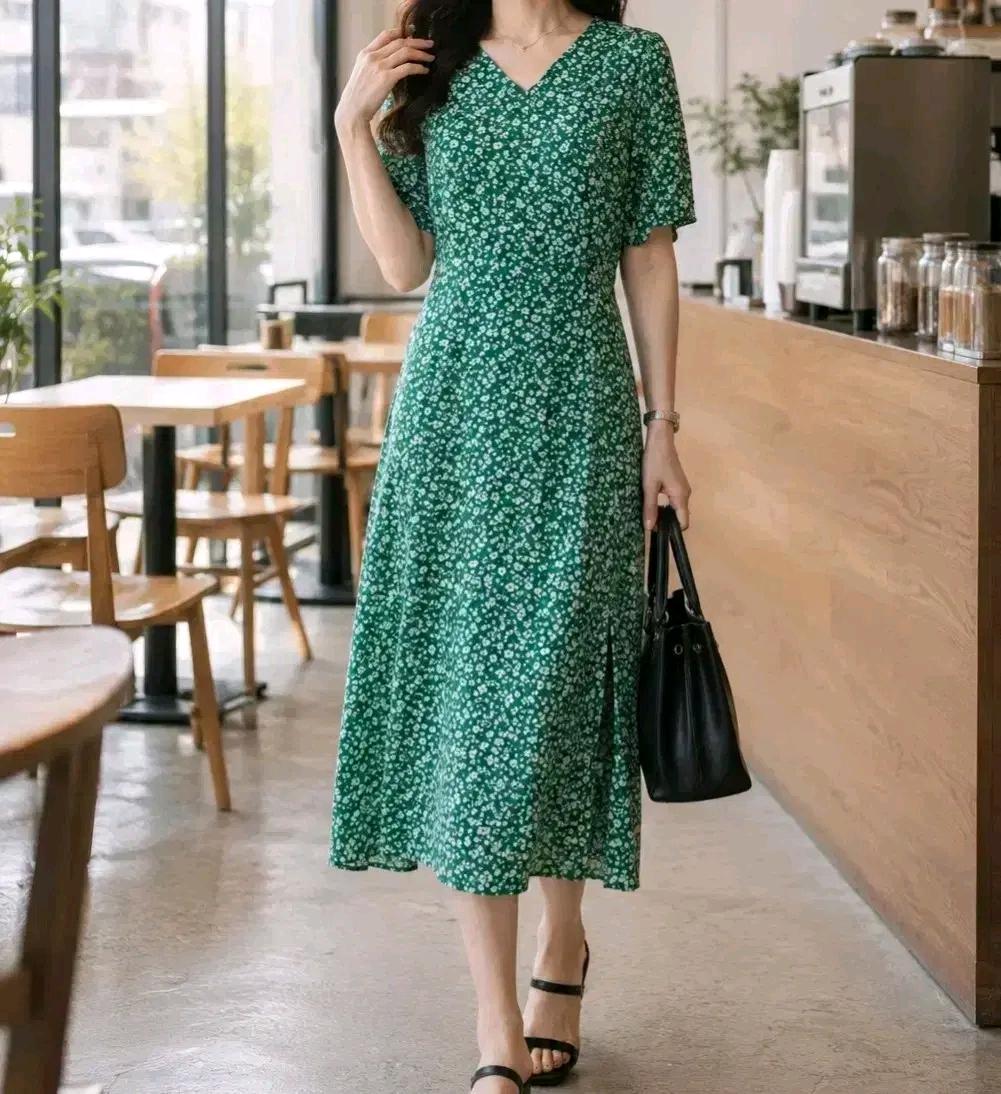 L238 플라워 패턴 랩 롱 원피스 그린 2