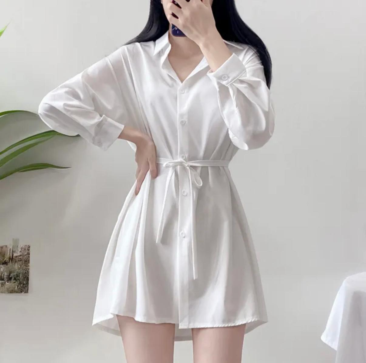 화이트 허리끈 셔츠 미니 원피스 2