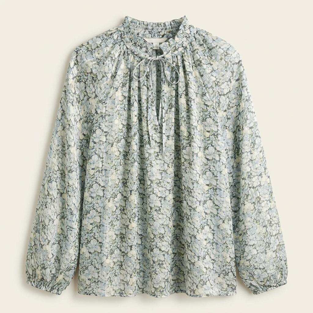 H&M 플라워 패턴 시폰 넥 리본 블라우스