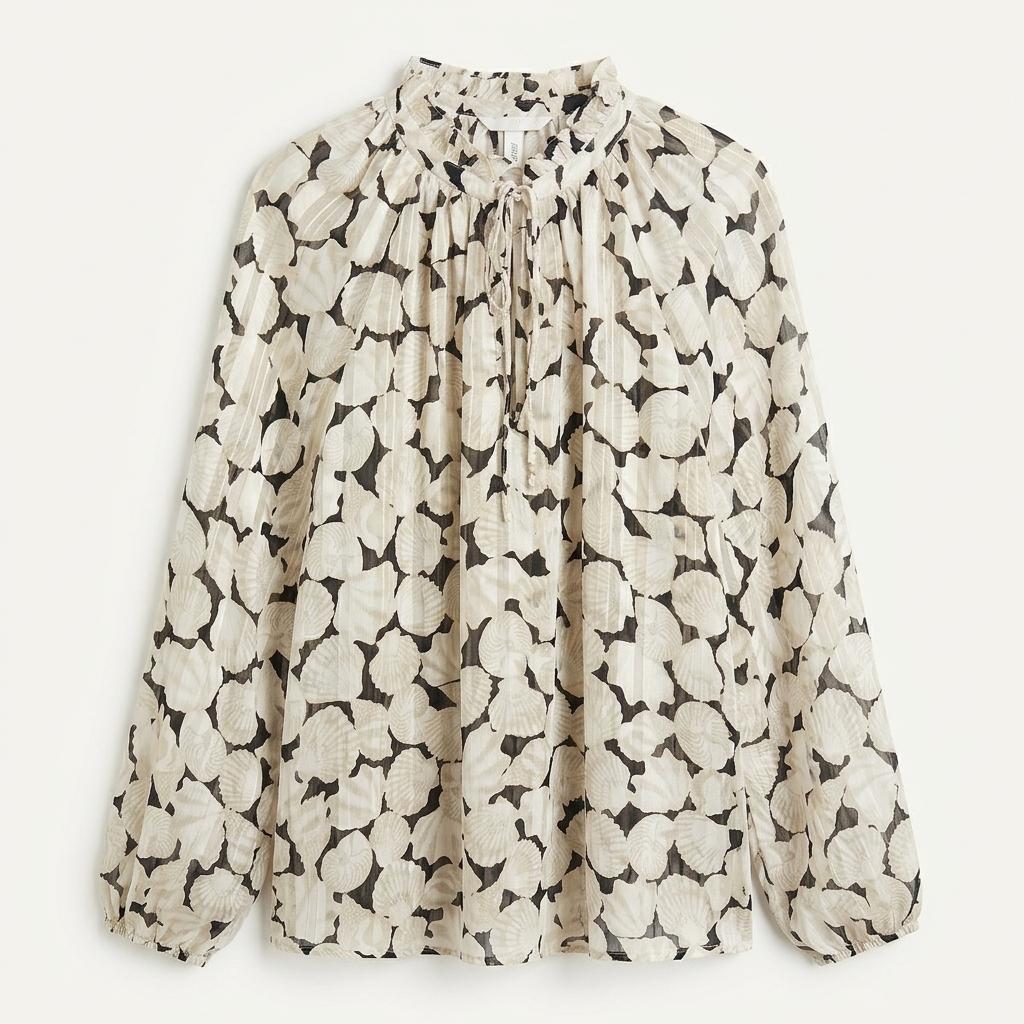 H&M 패턴 프릴 넥 블라우스 베이지 1