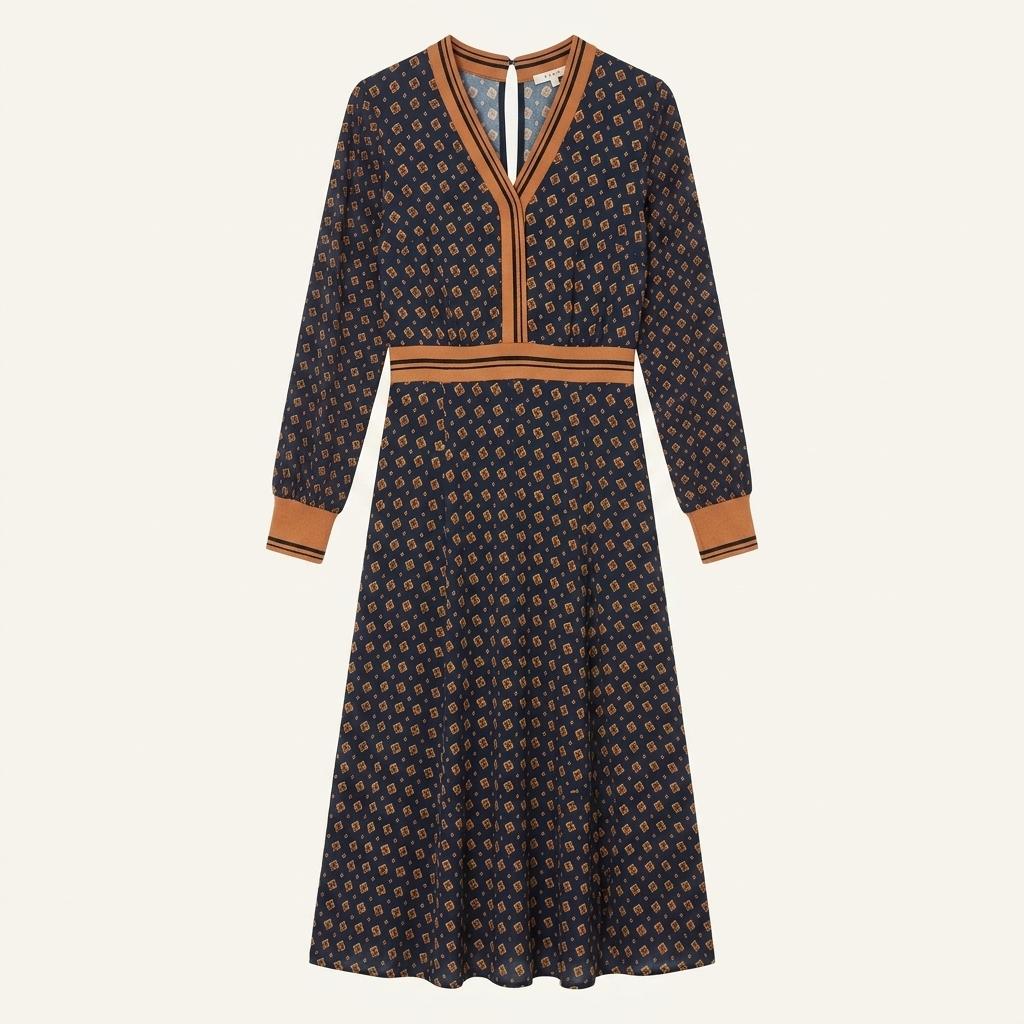 산드로 기하학 패턴 롱 원피스 Navy 1