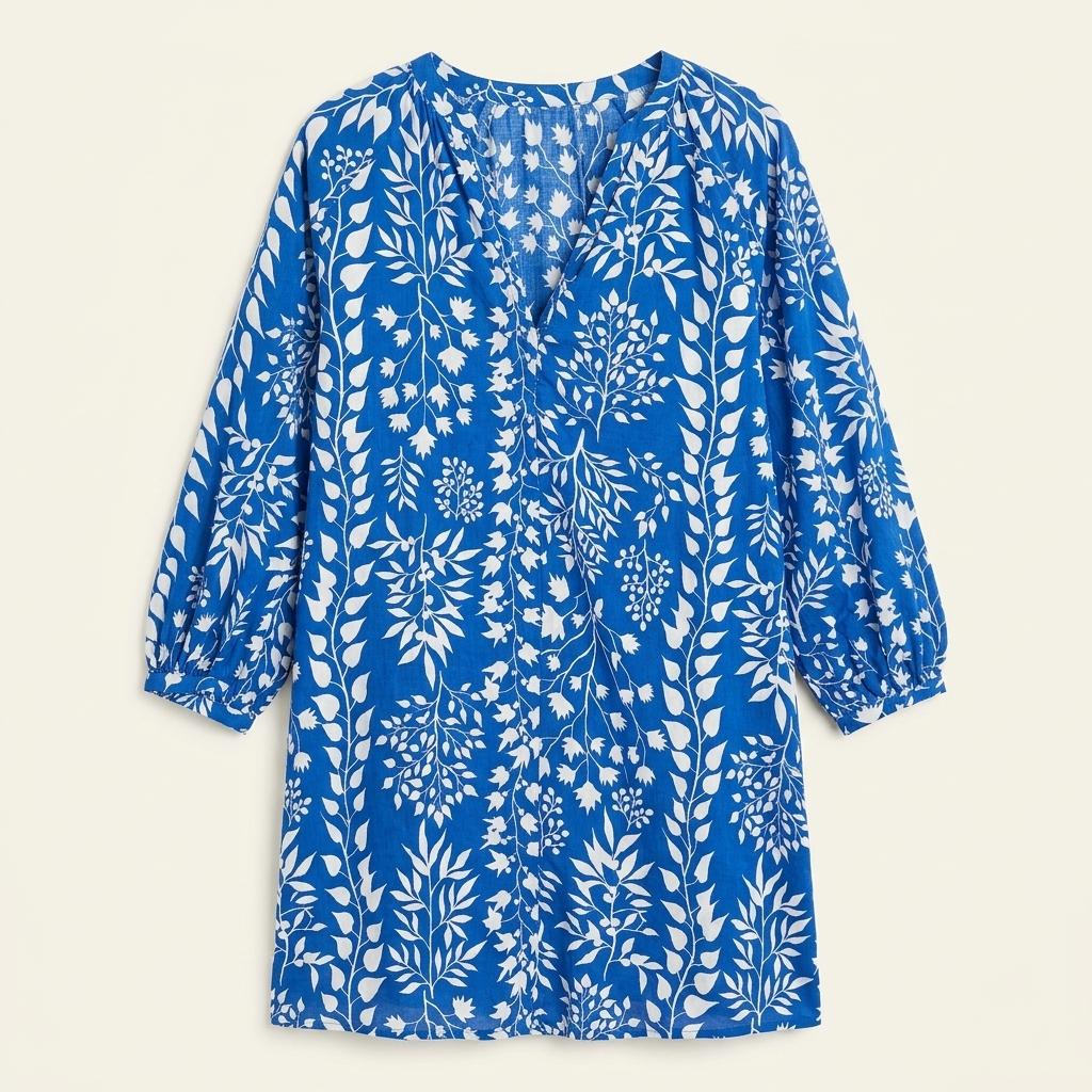 H&M 에이치엔엠 리프 패턴 브이넥 롱 원피스 블루