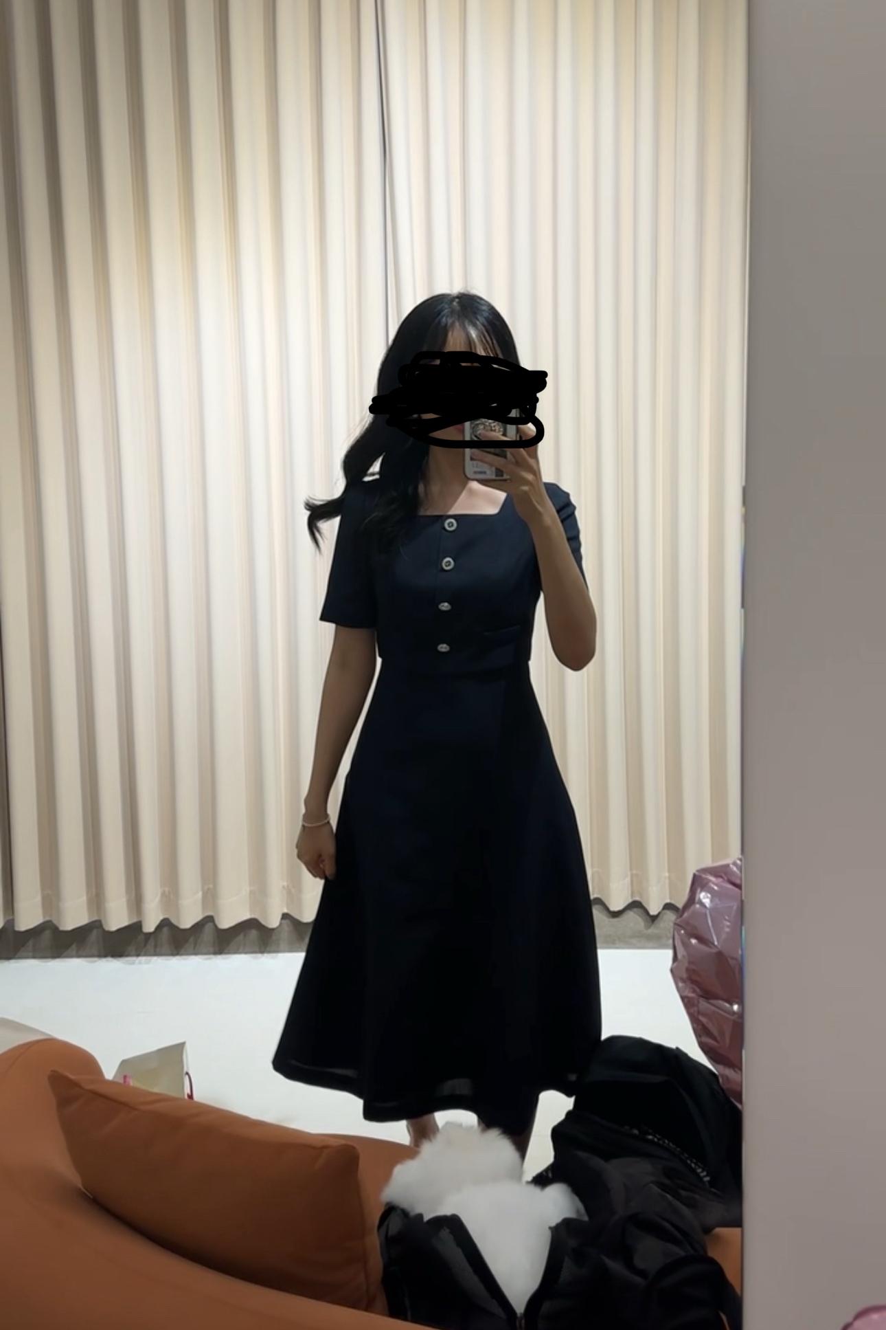 라인 어디션 린넨 텍스처 스퀘어넥 롱 원피스 하객룩 6