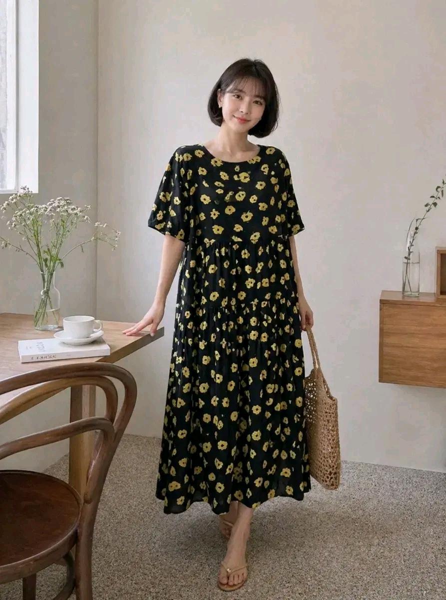L242 블랙 바탕 옐로우 꽃 롱 원피스 3