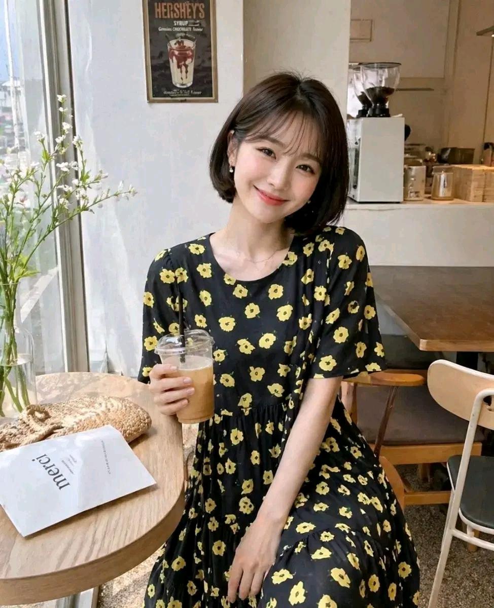 L242 블랙 바탕 옐로우 꽃 롱 원피스 2