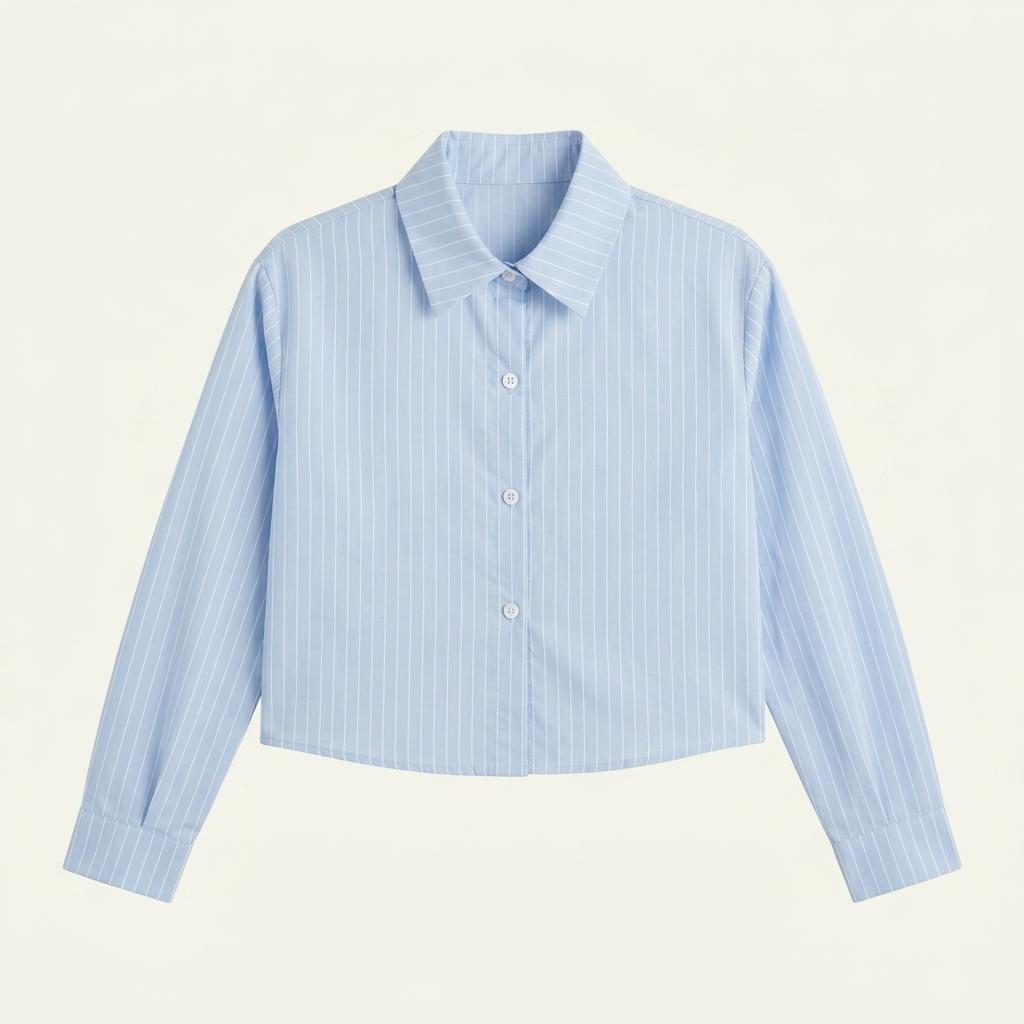 여성 세로 스트라이프 크롭 셔츠 블루
