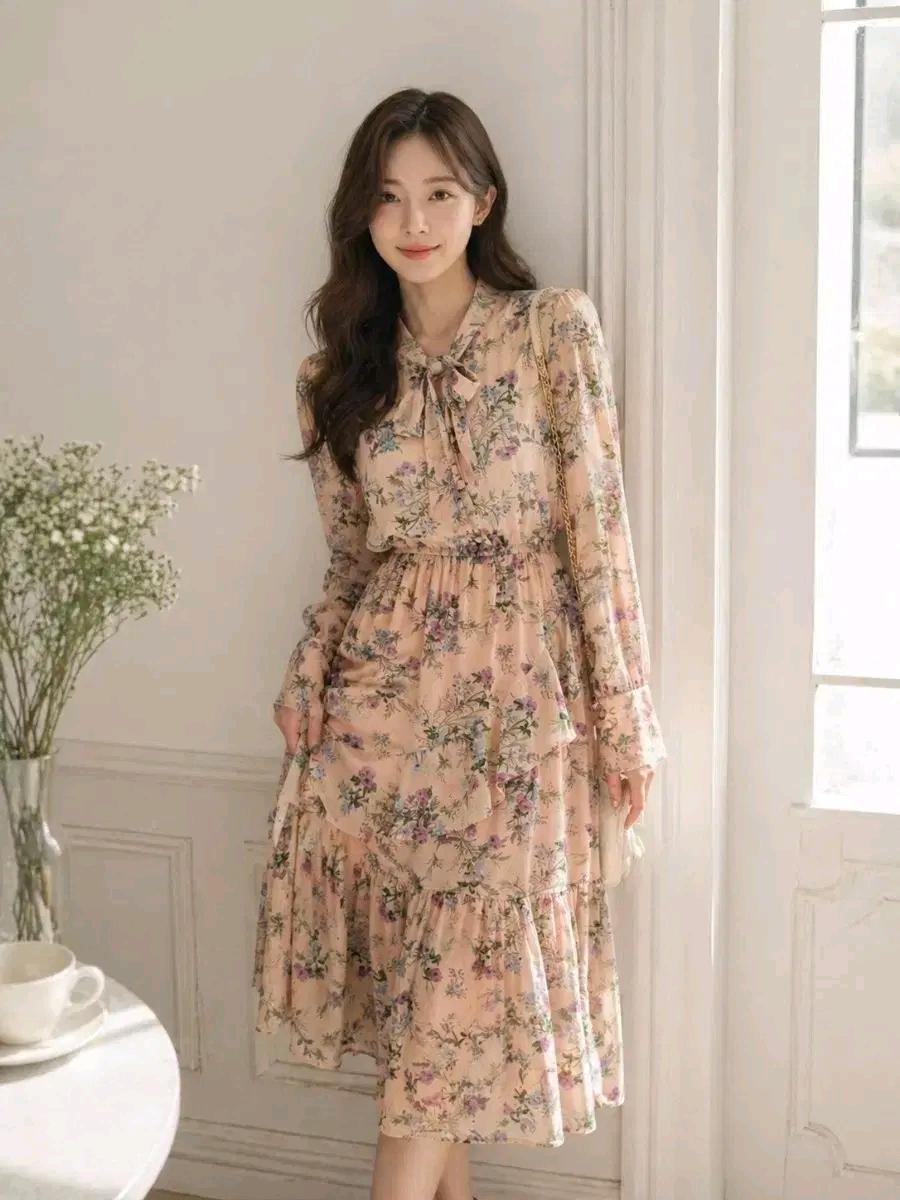 L178 리본 프릴 플라워 롱 원피스 2