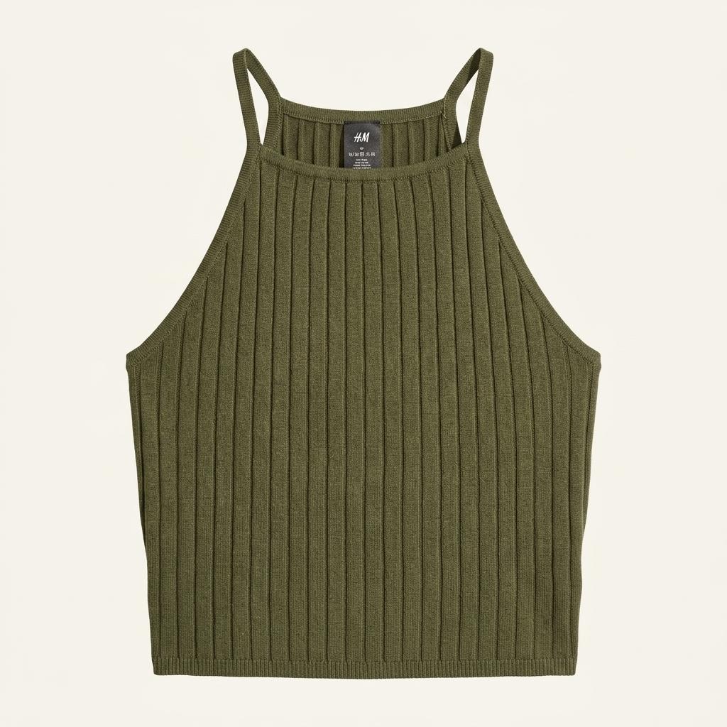 H&M 홀터넥 골지 니트 나시 탑 카키 1