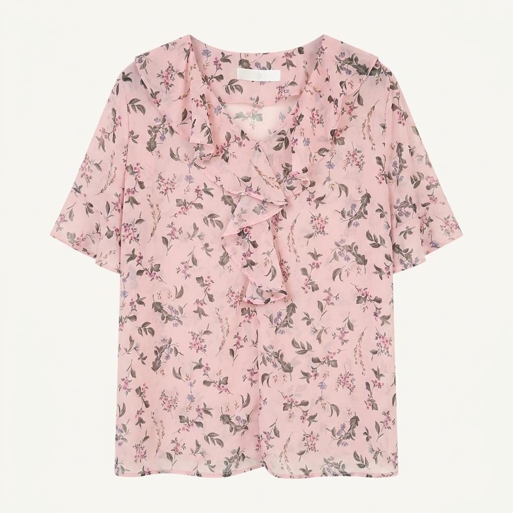 오조크 플라워 프릴 쉬폰 블라우스 핑크 1