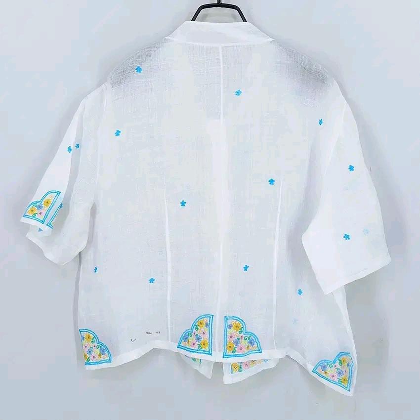 빈티지 여성 여름 플라워자수 삼베 블라우스 화이트 (HU44840) 3