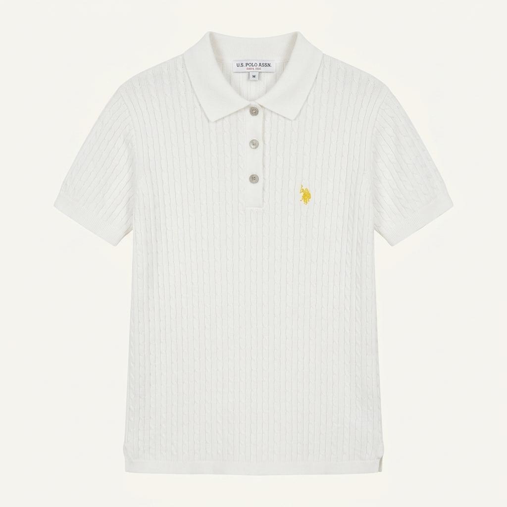 U.S. POLO ASSN. 케이블 꽈배기 반팔 칼라 니트 화이트