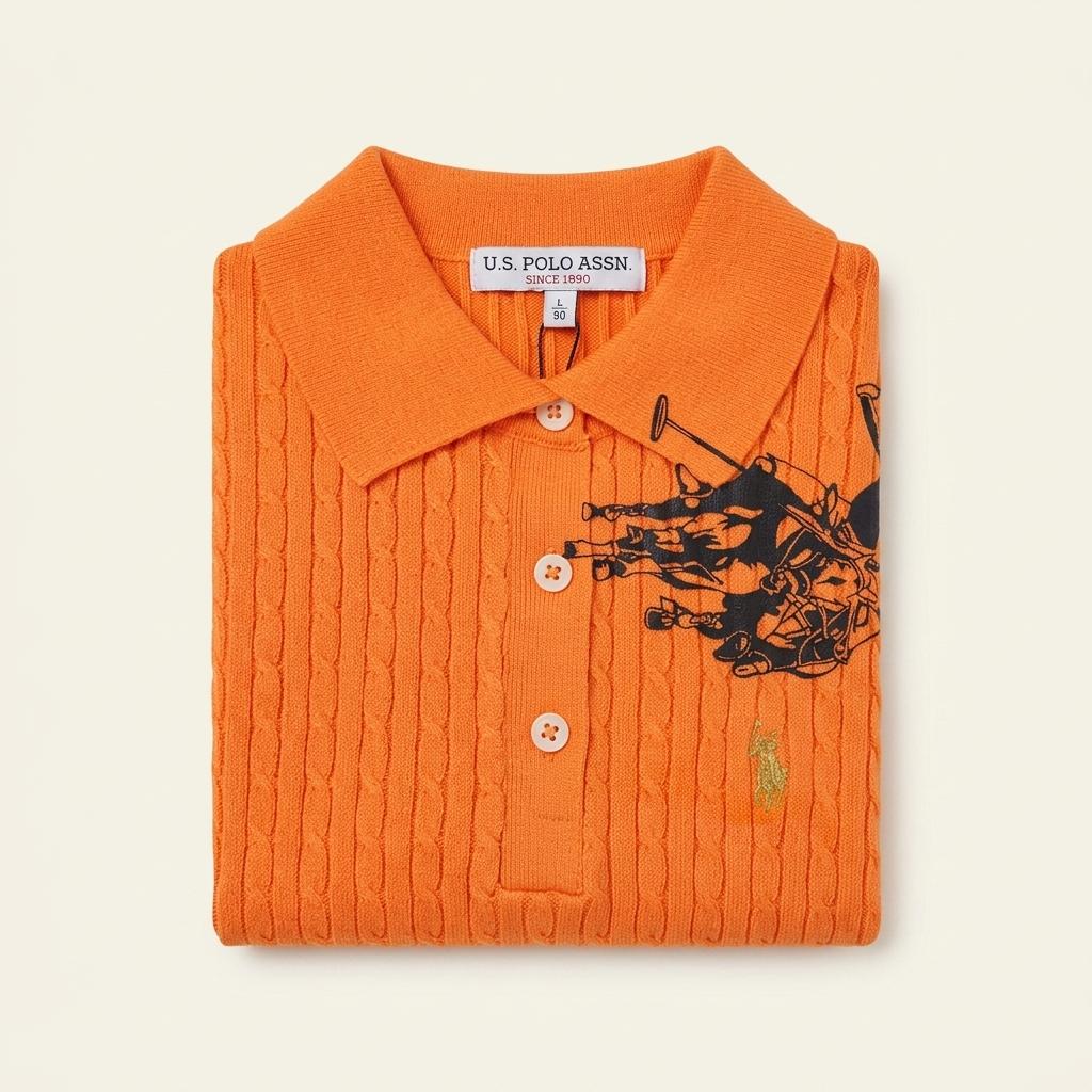 US POLO ASSN 케이블 꽈배기 반팔 니트 오렌지 1