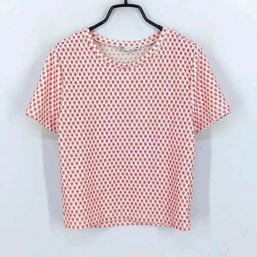자라 여성 여름 펀칭자수 스판끼 숏반팔티 연베이지S (HU45060) 2
