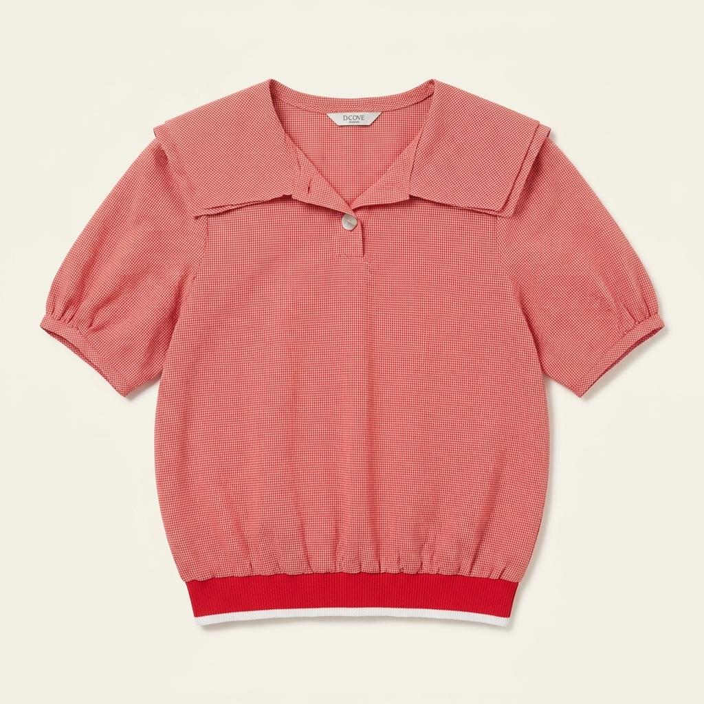 L'ECCOVE 레드 체크 세일러 칼라 반팔 블라우스 1