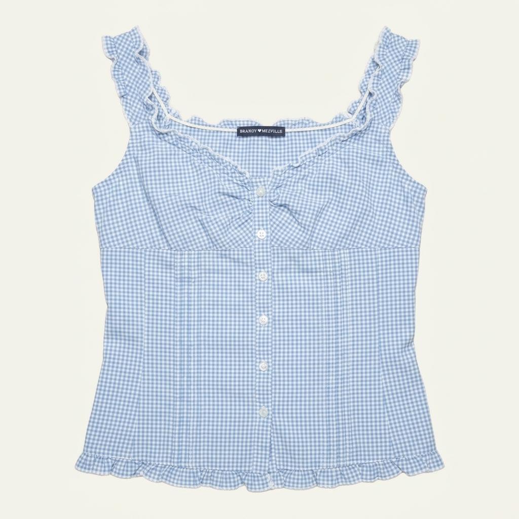 브랜디멜빌 블루 체크 프릴 슬리브리스 블라우스