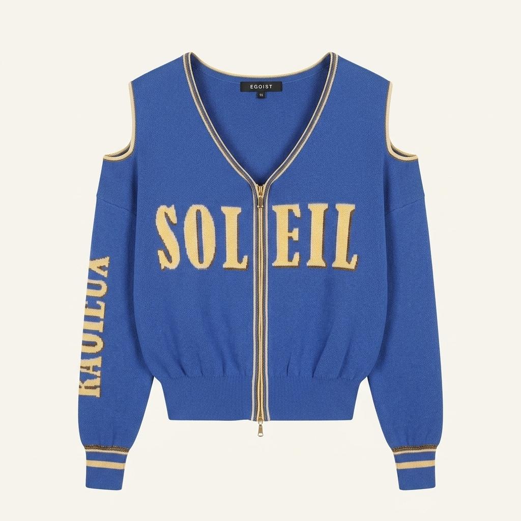 새상품ㆍ착용무ㆍ택없음ㆍ에고이스트 SOLEIL 레터링 콜드숄더 집업 니트 1