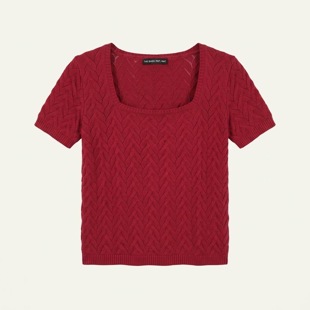 THE BASIC KNIT 스퀘어넥 꽈배기 반팔 니트 레드 1