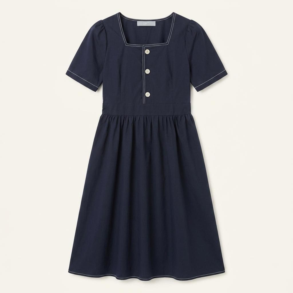 에잇세컨즈 스퀘어넥 스티치 롱 원피스 네이비 1