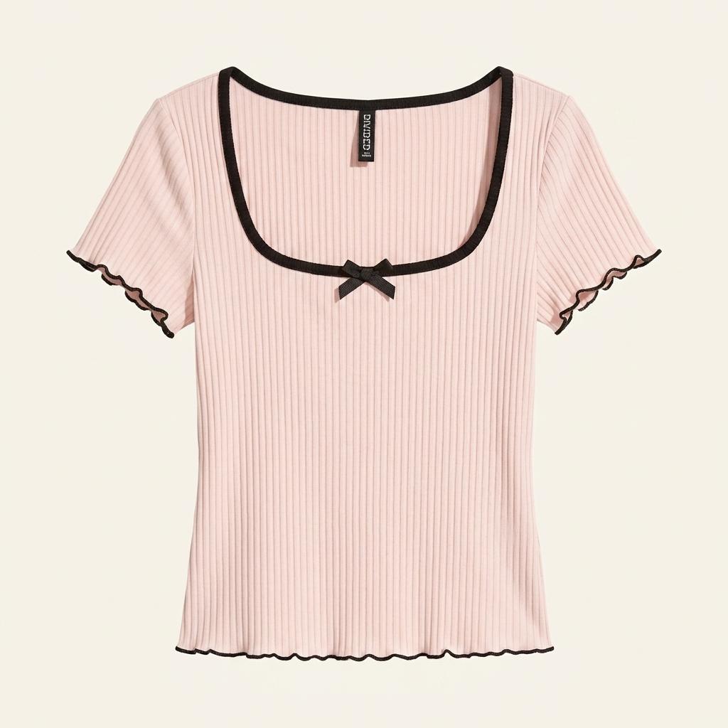 H&M DIVIDED 배색 리본 골지 반팔 티셔츠