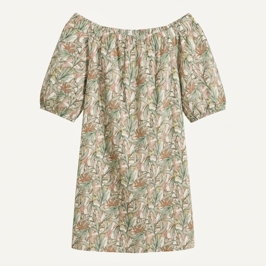 H&M 에이치앤엠 리프 패턴 오프숄더 미니 원피스