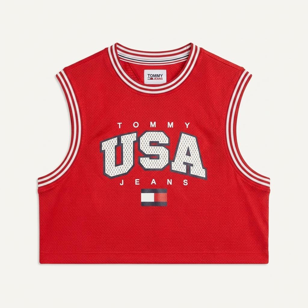 타미진스 USA 레터링 메쉬 크롭 탑 레드