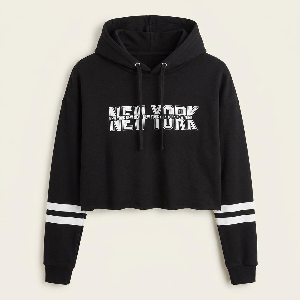 NEW YORK 레터링 크롭 후드 티셔츠