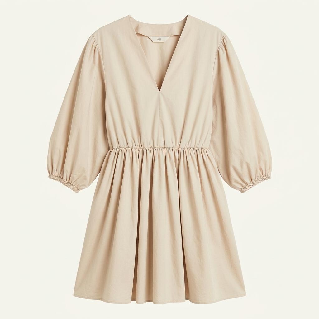 H&M 퍼프 슬리브 V넥 코튼 원피스 베이지