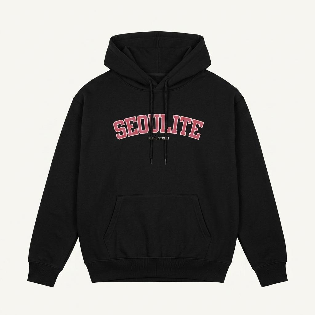 그램 SEOULITE 레터링 기모 후드티 블랙