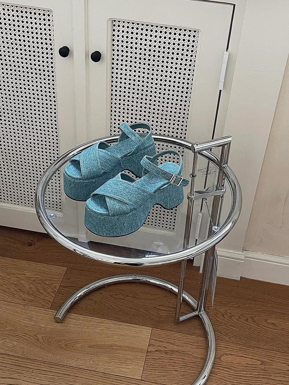 @306 점보통굽 8cm 텍스타일 스트랩샌들 225 블루-새상품 2