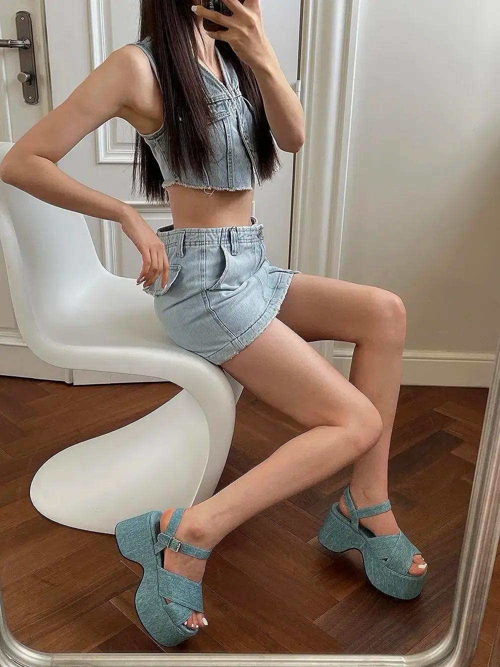 @306 점보통굽 8cm 텍스타일 스트랩샌들 240 베이지-새상품 4