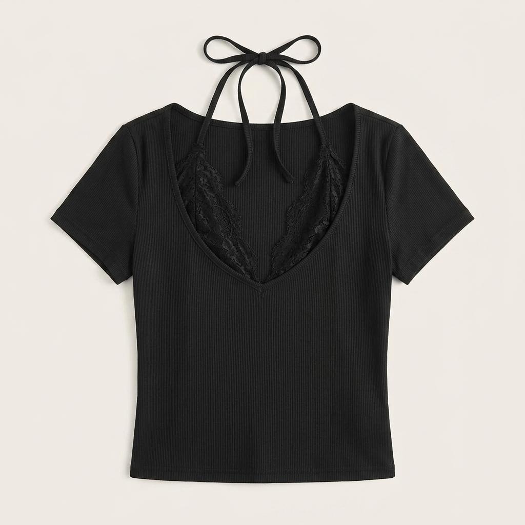SHEIN 레이스 홀터넥 골지 티셔츠 블랙 1