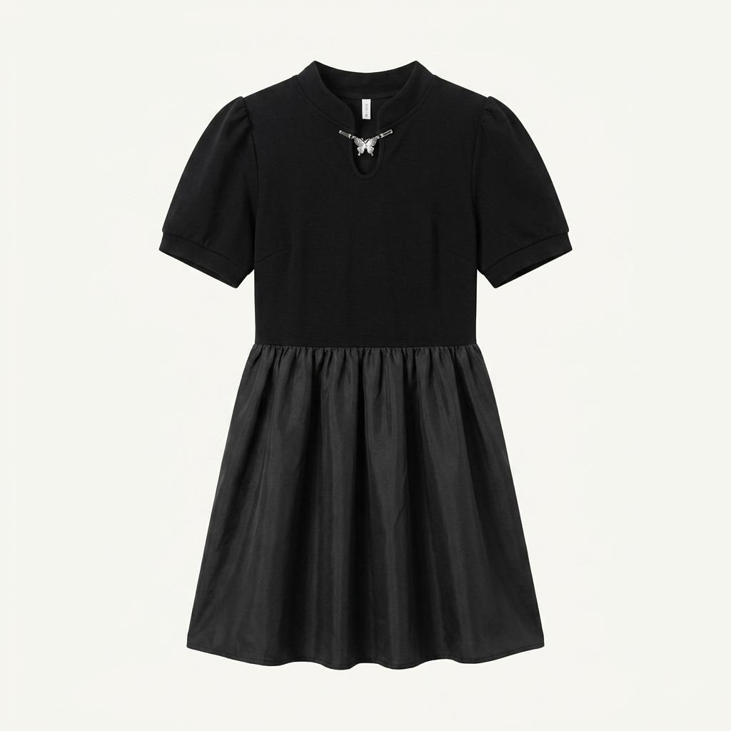 나비 펜던트 장식 블랙 반팔 미니 원피스 1