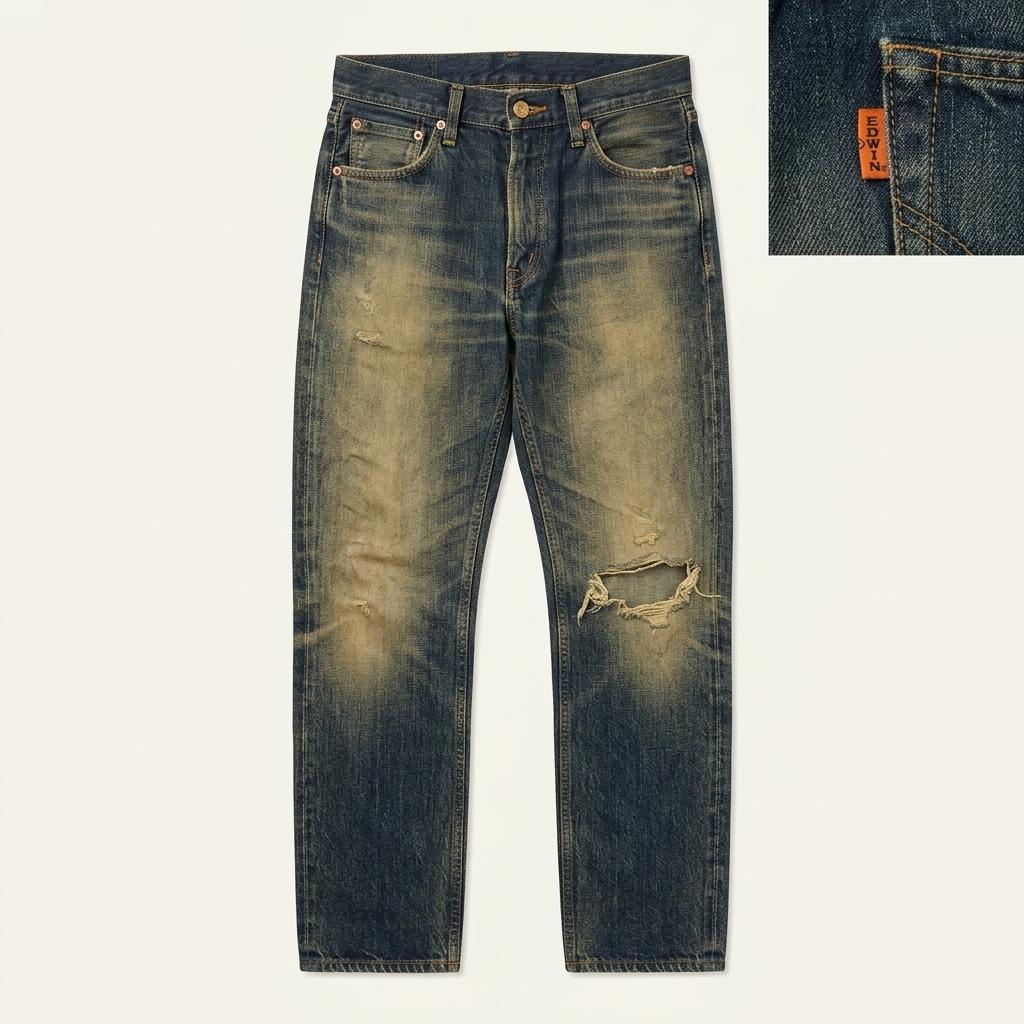 에드윈 재팬 505zx 오렌지탭 셀비지 디스 워시드 데님팬츠 Made in JAPAN 1