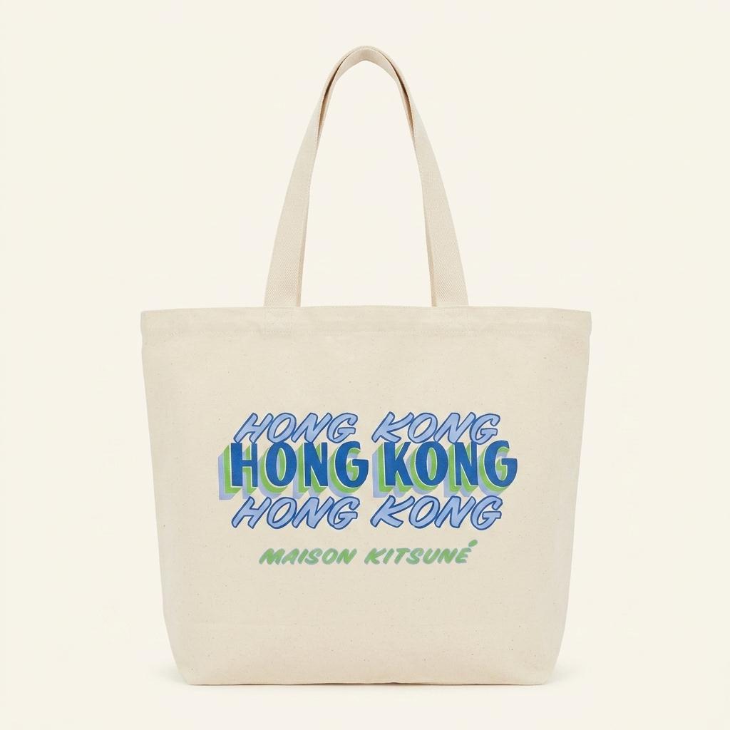메종키츠네 홍콩 그래픽 캔버스 에코백 아이보리