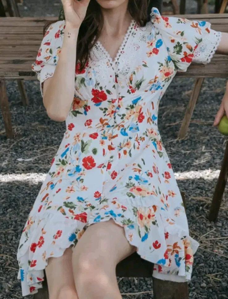 새상품던드롭 fancy flower v neck puff dress, s 2